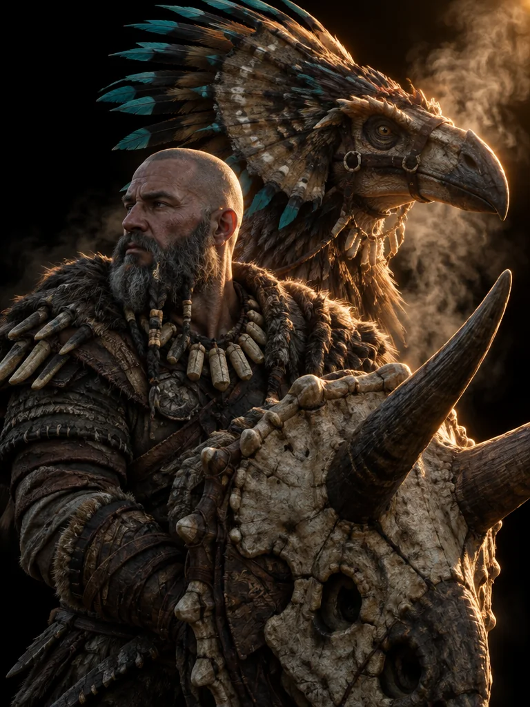 Doran Vell, Hornguard berjanggut kelabu, memegang perisai dari tengkorak bertanduk; kepala saurian berjumbainya muncul dari uap di belakang.