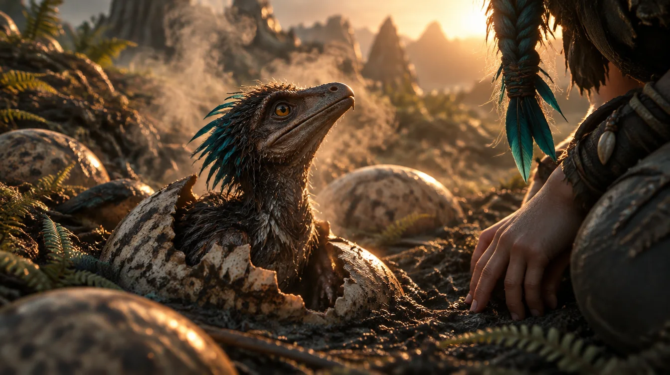Anak raptor berbulu yang masih basah keluar dari telurnya di sarang abu, menatap tangan penunggang di tepi kanan.