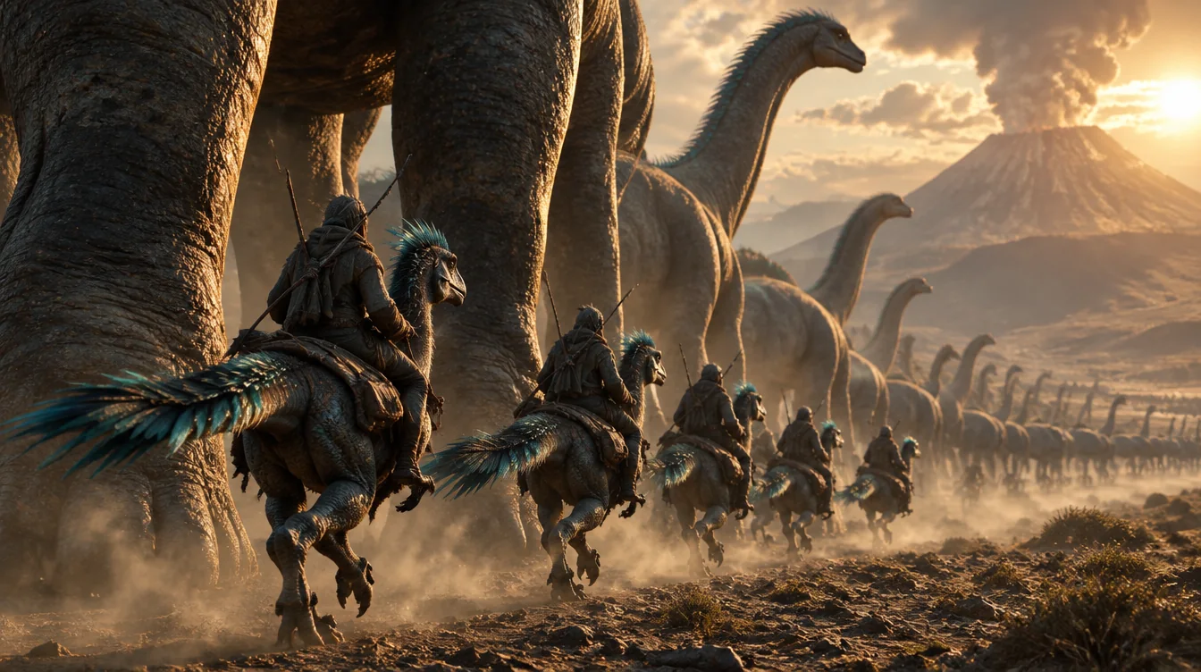 Barisan penunggang raptor berlari di antara kaki sauropoda yang bermigrasi menuju gunung api.