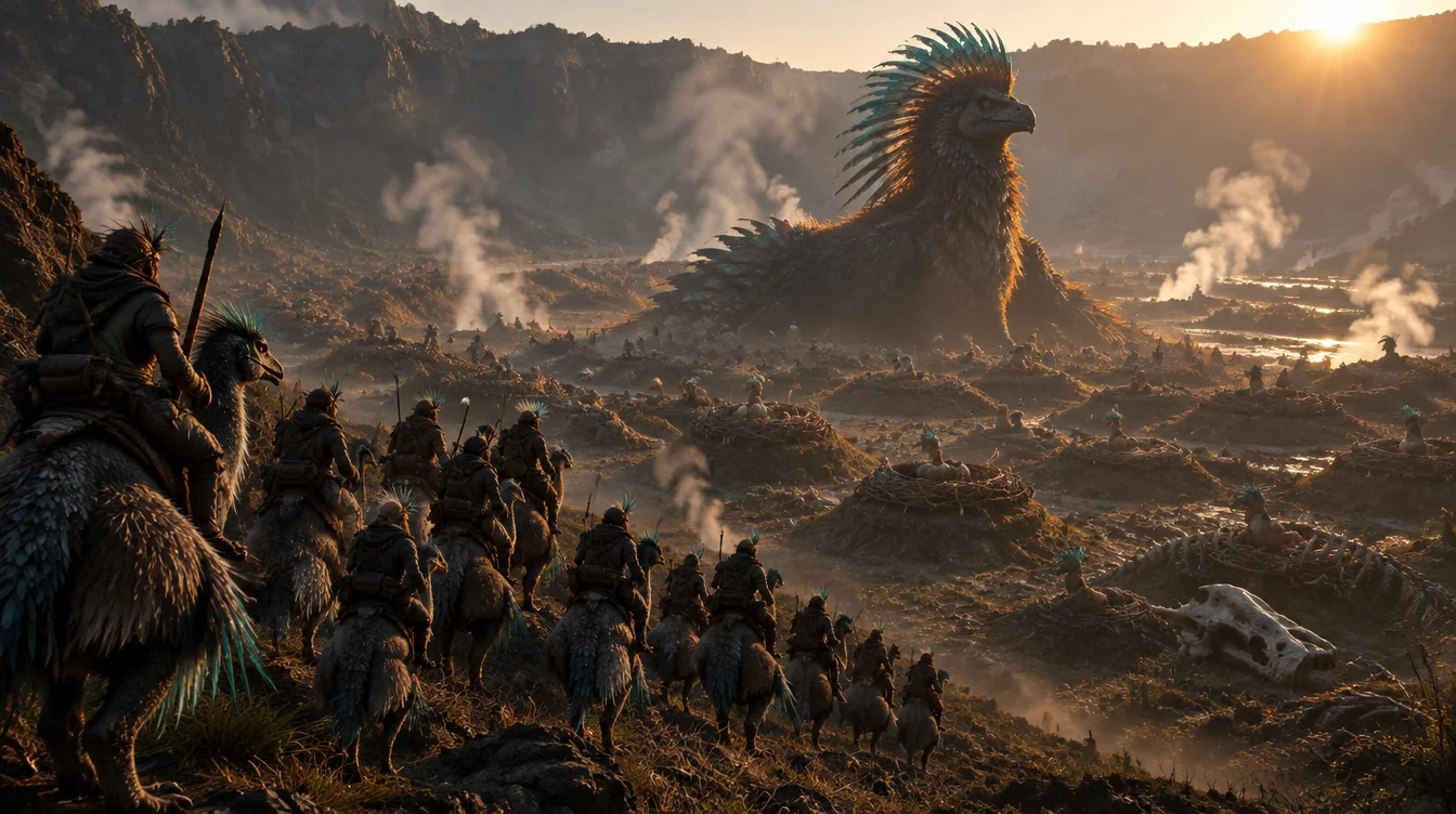 Satu party penunggang menyusup ke kaldera penuh sarang, induk theropod raksasa berdiri di kejauhan.