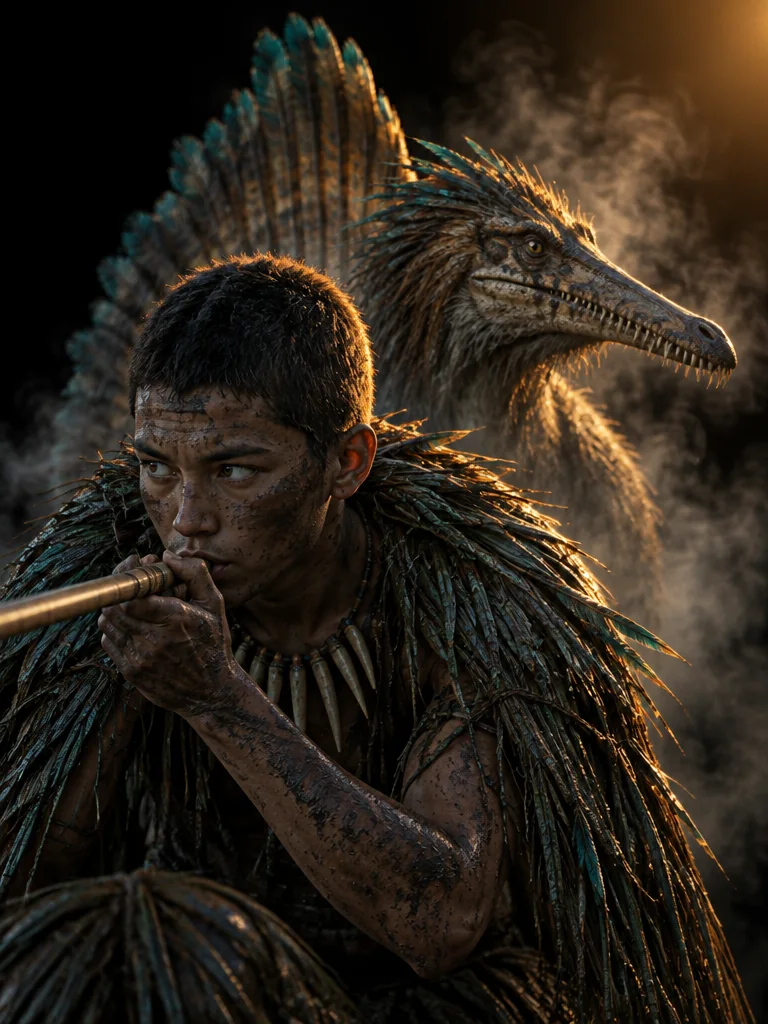 Sedge, Marshstalker berwajah berlumpur, meniup sumpit buluh; moncong saurian rawa berlayar punggung muncul di belakangnya.