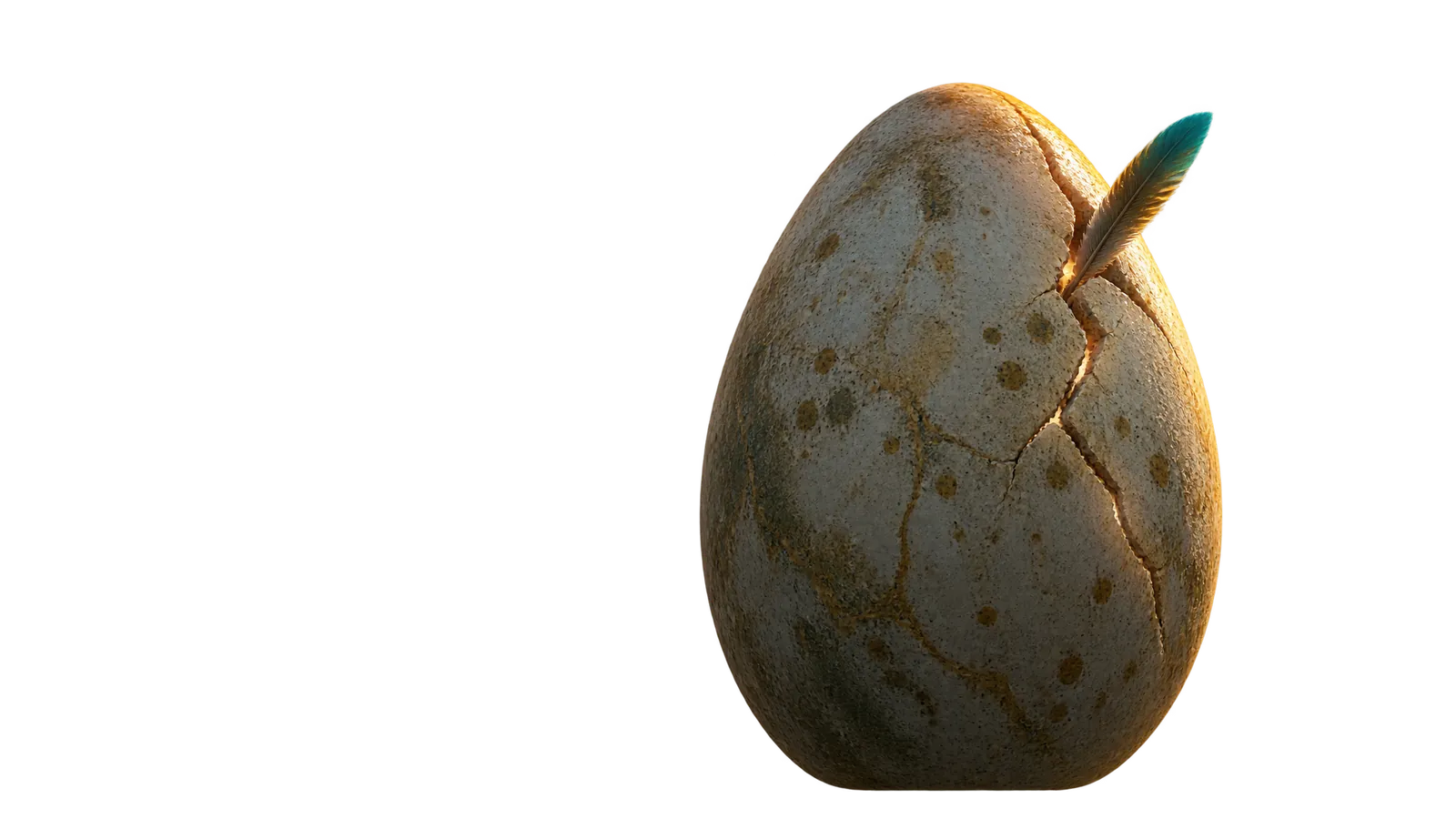 Telur saurian besar yang retak di atas sarang, sehelai bulu teal mencuat dari celahnya.