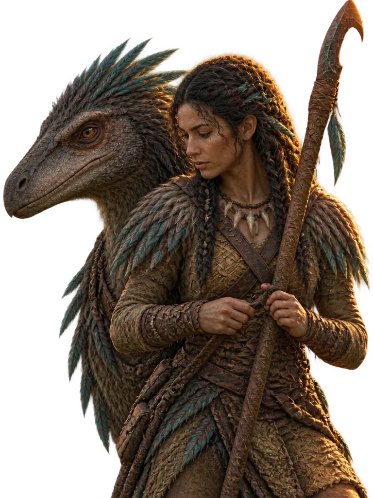 Ysa Kember mengikat tali pelana di samping leher raptornya, Brae, tombak kait terangkat ke kanan.