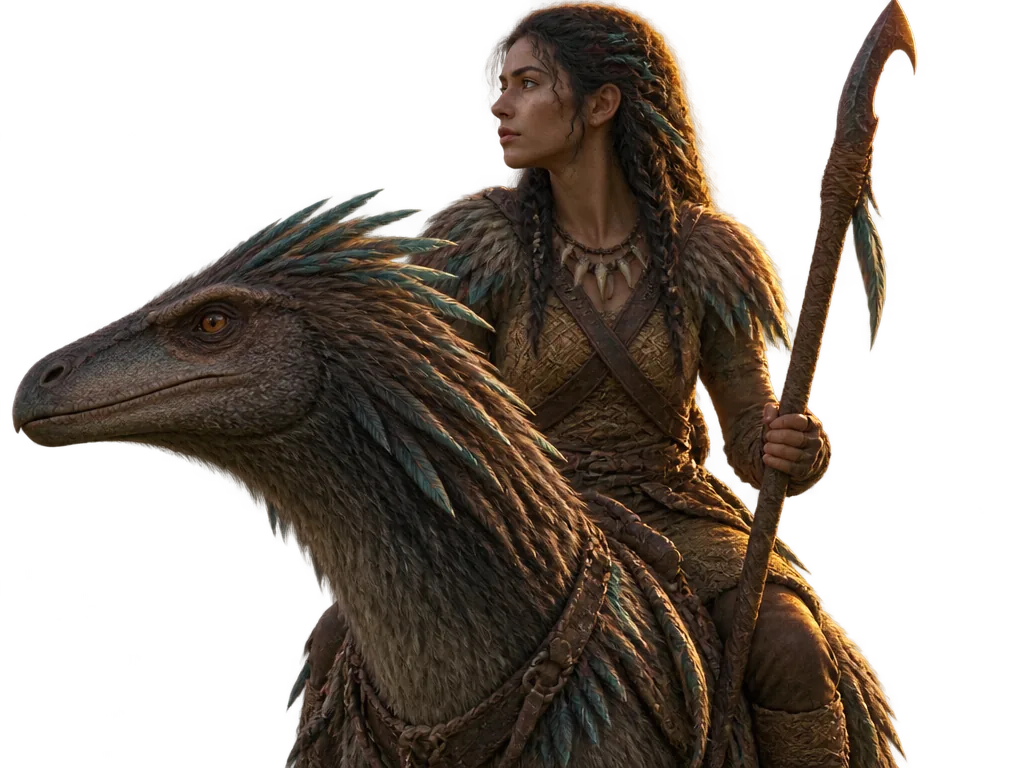 Ysa Kember, Quillcaller, duduk di atas raptor berbulu dengan ujung bulu teal, menoleh ke kiri sambil memegang tombak kait.